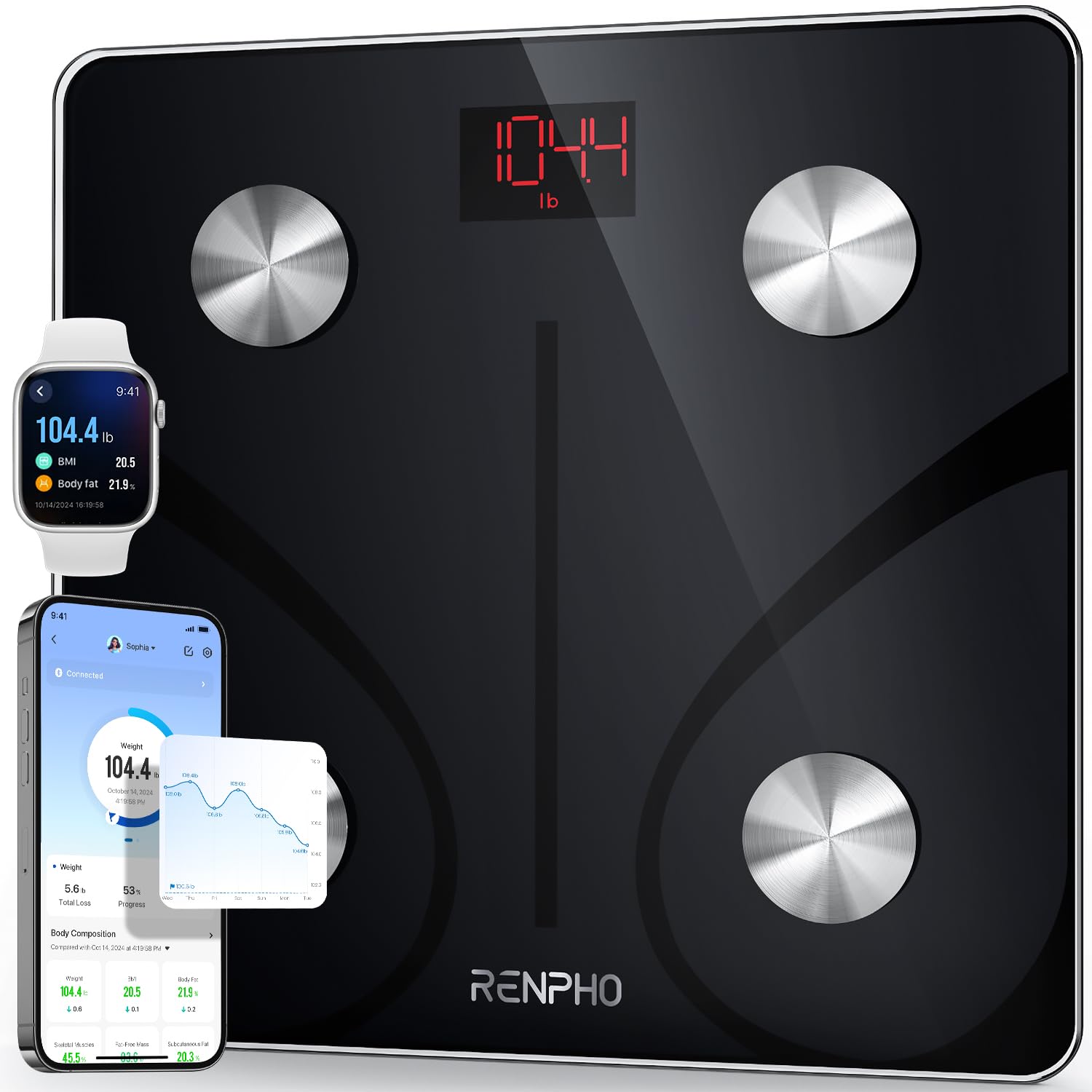 RENPHO Smart Scale for Body Weight, FSA HSA Eligible, Digital Bathroom Scale BMI Weighing Bluetooth Body Fat Scale, Body Composition Monitor Health Analyzer with Smartphone App, 400 lbs - Elis 1 24Hr Smart
